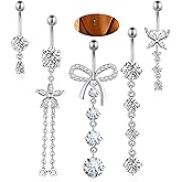 BSJ4U Belly Button Rings Gold Plated Silver Pink Clear CZ Belly Rings for Women Heart Bow Flower Butterfly Teardrop Dangle Navel Belly Button Piercing Jewelry