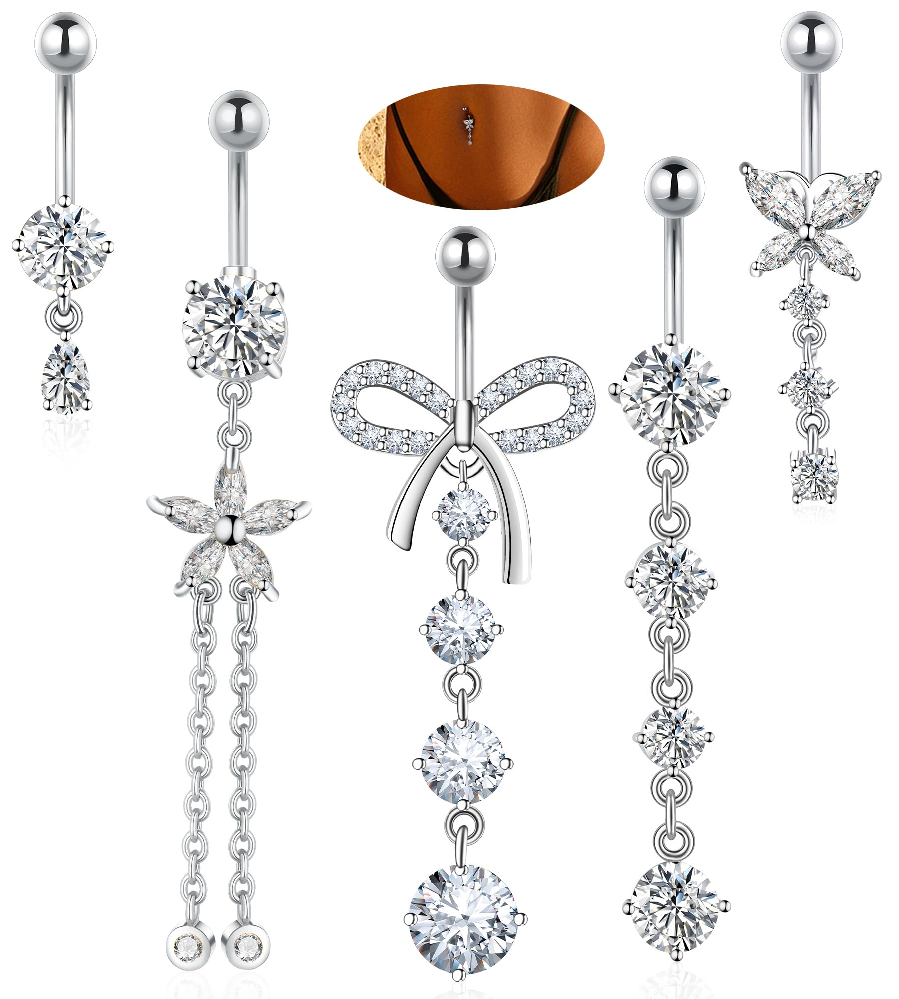 BSJ4U Belly Button Rings Silver Clear CZ Belly