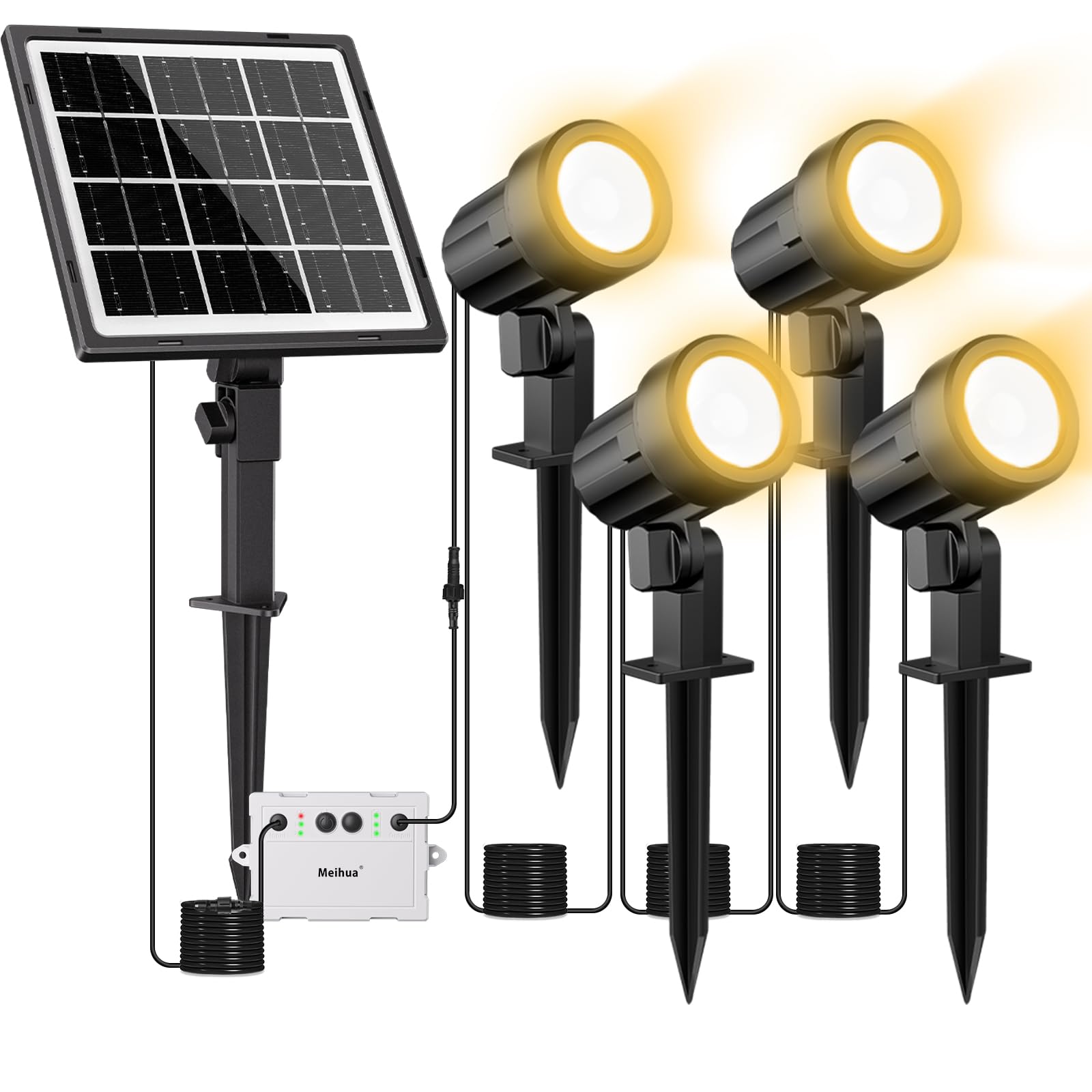 MEIHUA Solar Spot Lights Outdoor Garden, 4 in 1 Solar Landscape Spotlights 2700K Warm White, IP66 Waterproof Fence Spike Light for Garden Yard Lawn Tree Statue