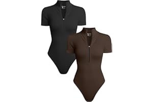 OQQ Women's 2 Piece Bodysuits Sexy Ribbed One Piece Short Sleeve Zip Front Bodysuits