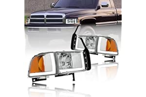 Fullux LED DRL Headlights Compatible with 1994-01 Dodge Ram 1500/1994-02 Dodge Ram 2500 3500 (Except SPORT & VAN Models) 2PC Assembly Headlamp Amber Reflector Chrome Housing
