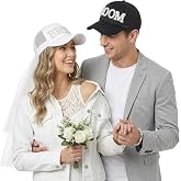 PURFUN Sparkly Rhinestone Pearls Bride Groom Caps Adjustable Mesh Bridal Peaked Hat with White Veil for Outdoor Beach Wedding