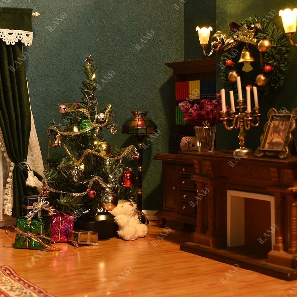 iLAND Dollhouse Accessories Mini Christmas Tree with Lights 6 inch Dollhouse Christmas Decorations CuteTiny Xmas Tree Miniature Decor 1/12 Scale Accessories Shining Small Gifts