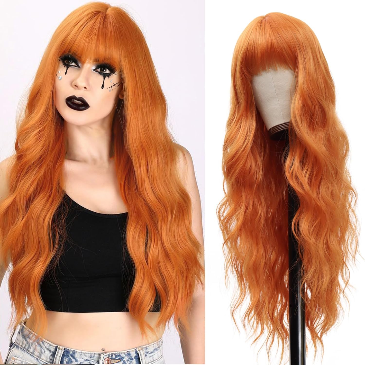Photo 1 of Vomella Orange Wig With Bangs Ginger Wig 26 Inch Long Curly Wavy Orange Hair Wigs for Women Natural Looking Synthetic Heat Resistant Wigs for Daily Party Use