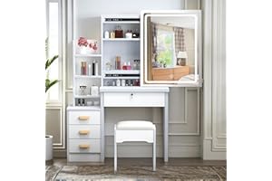 MONTARY Makeup Vanity Desk with Mirror and Lights, White Vanity Table Set with 4 Drawers & Sliding Mirror & Storage Shelves, 3 Lighting Modes Brightness Adjustable, Vanity Dressing Table and Stool
