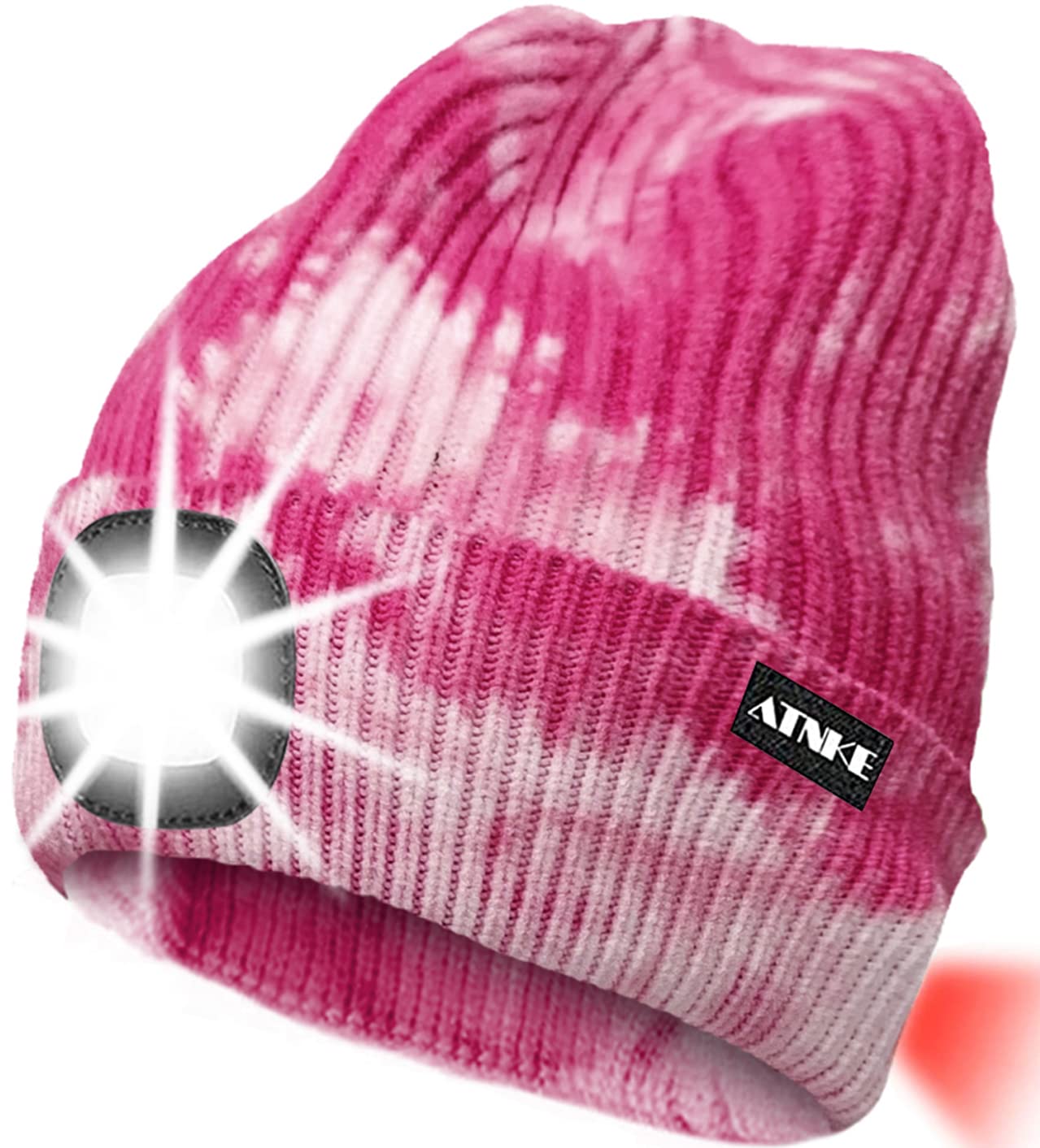 ATNKE 8LED Lighted Knit Hat,USB Rechargeable Running Headlamp Cap Ultra Bright Waterproof Light Lamp and Flashing Alarm Red Tail Light Multi-Color (Tie Dye Pink)