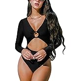 CUPSHE Women's One Piece Swimsuit Rash Guard Long Sleeve Cutout UPF 50+ UV Deep V Neck O-Ring