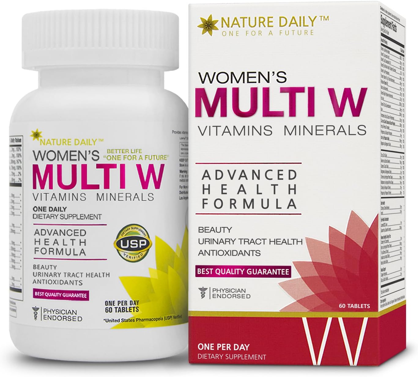 Nature Daily Women’s Multi W Vitamins Minerals, Advanced Health Formula, One A Day, 60 Tablets, Whole Food Multivitamins, Supplements
