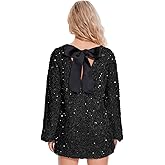Ypser Women Sequin Dress with Ribbon Bow Tie Long Sleeve Sparkly Mini Dress for Night Out Party Black