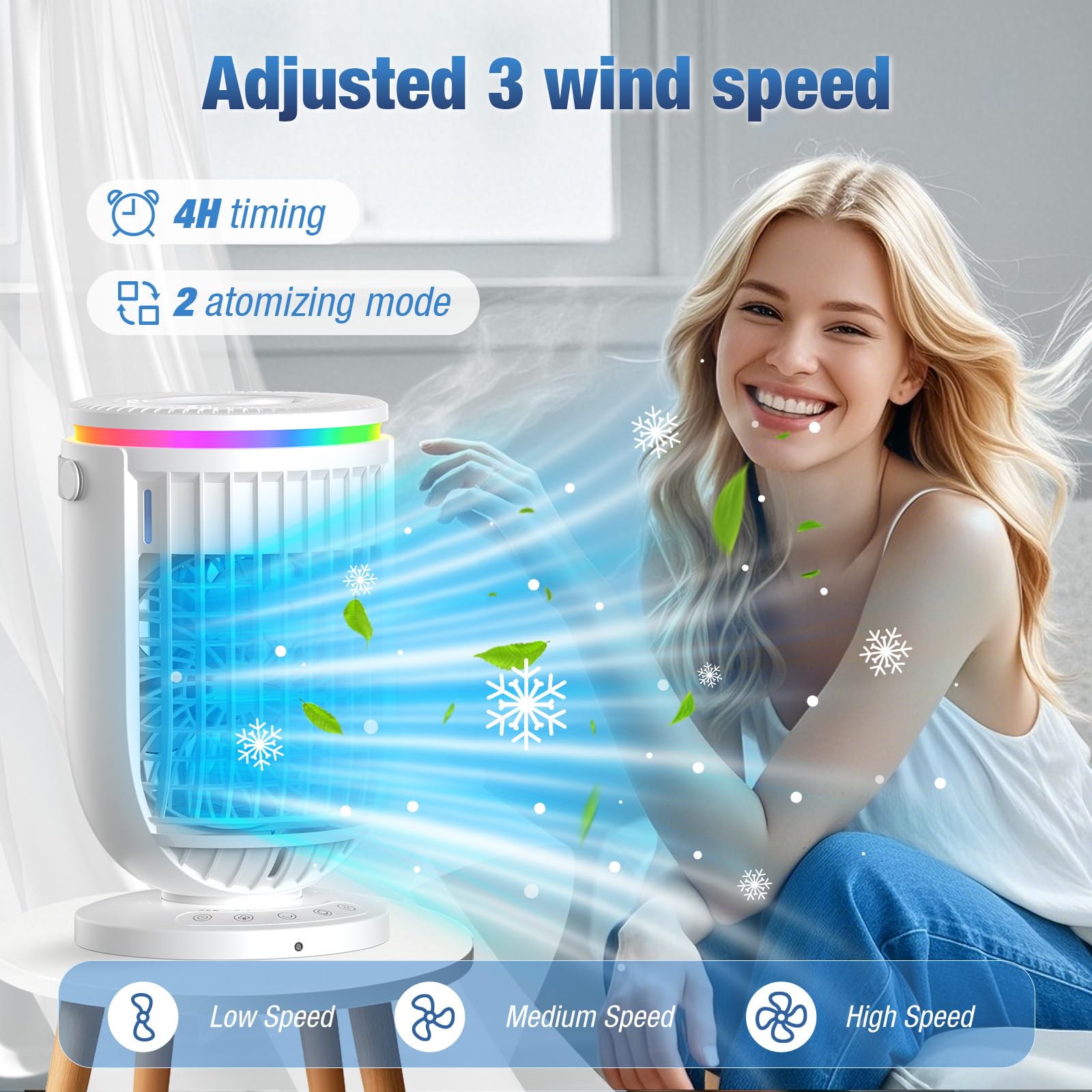 JYew AI Portable Air Conditioners Fan with 120° Rotating Function,Evaporative Mini Room Air Conditioners,Portable AC Unit Air Cooler with 4 in 1 Humidifier Fan Conditioner, AC Portable for Room Office