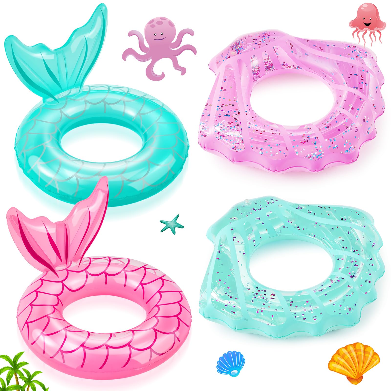 Photo 1 of Juexica 4 Pack Mermaid Pool Float Rings Shell Swimming Float Tube Inflatable Glitter Confetti Pool Ring Raft Seashell Shaped Mermaid Tail for Swimming Summer Beach Party Decorations