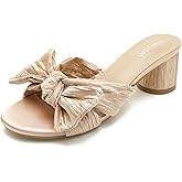 Heiyom Women's Bowknot Low Chunky Heels Mules Sandals Slip on Pleated Bow Heels Wedding Bridal Party Dress Shoes Gold 40US9
