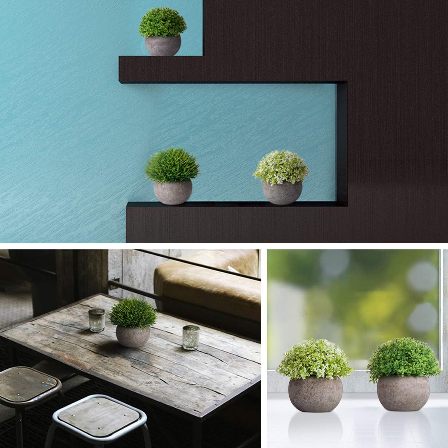 MoonLa Artificial Plants Potted Faux Fake Mini Plant Greenery Green Grass Flower Topiary Shrubs In Gray Pot for Bathroom Home House Decor (Set of 3) -