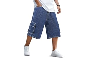 GINGTTO Mens Baggy Jean Shorts Cargo Long Denim Shorts Elastic Waist 15 Inch Inseam