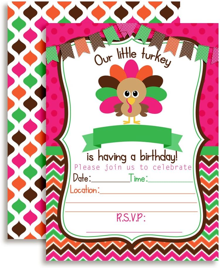 Amazon Com Little Turkey Girl Birthday Party Invitations 20 5 X7 Fill In Cards With Twenty White Envelopes By Amandacreation Great For Birthdays Around Thanksgiving Toys Games