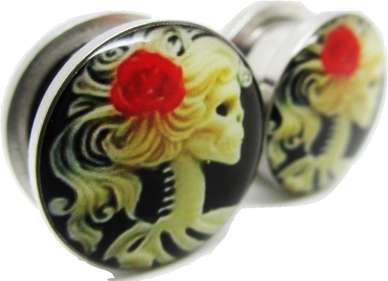 Pierced Republic Skeleton Girl Ear Plugs - Stainless Steel Screw-On Ear Plugs - 7 Sizes - Pair - New!
