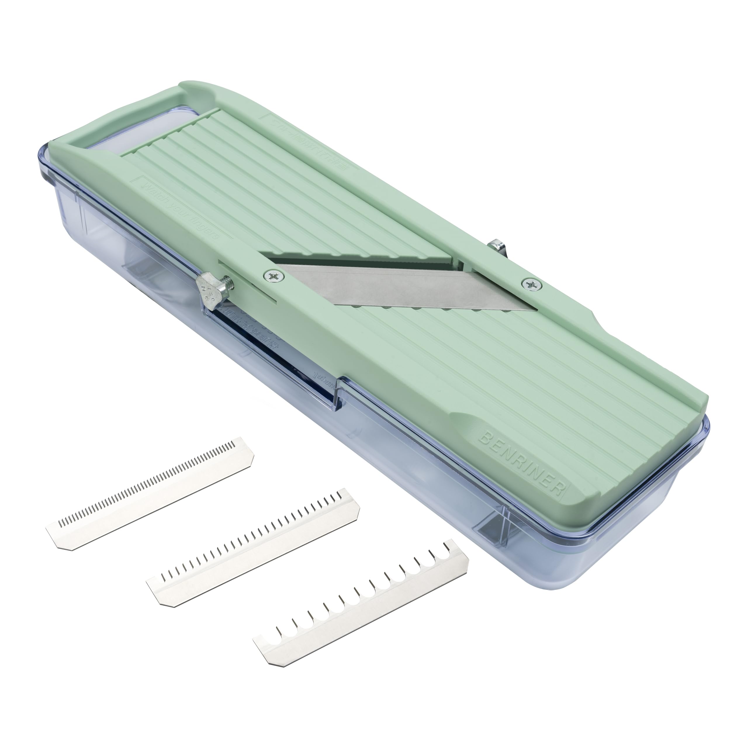 Benriner BN-3GR Japanese Handheld Mandolin Slicer with Three Interchangeable Stainless-Steel Blades-Ivory, Vegetable Fruit Cutter Peeler, Stainless Steel, Green, Catch Tray