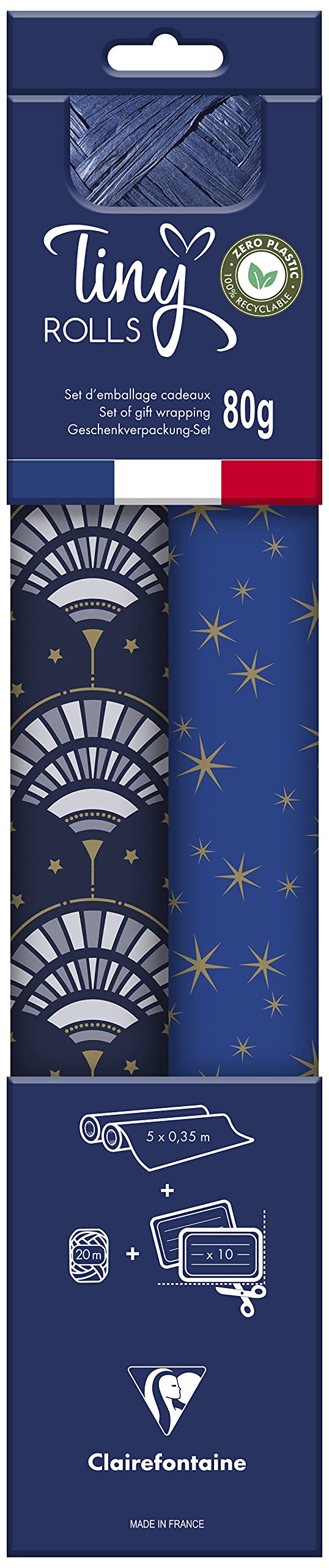 Clairefontaine 223892C - Zero Plastic Gift Wrapping Kit - 2 Rolls of Recycled Kraft Wrapping Paper 5mx35cm - Roll of Ribbon 20m + 10 Die-Cut Gift Tags Blue/Gold