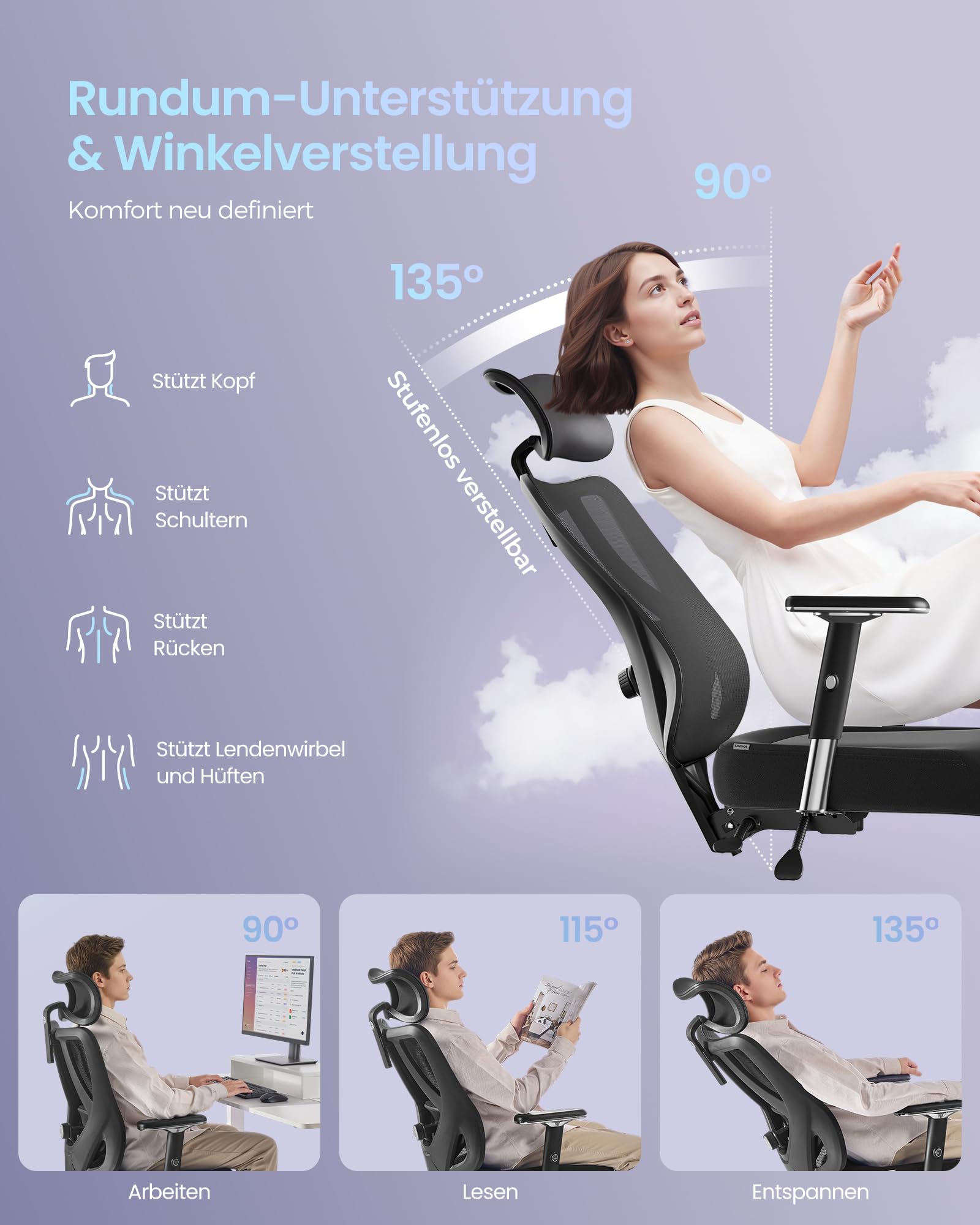 SONGMICS Bürostuhl ergonomisch, Schreibtischstuhl, Gaming-Stuhl, verstellbare Lenden-, Kopfstütze, Armlehnen, für Verschiedene Körpergröße, bis zu 150 kg belastbar, tintenschwarz OBN067BH01 6