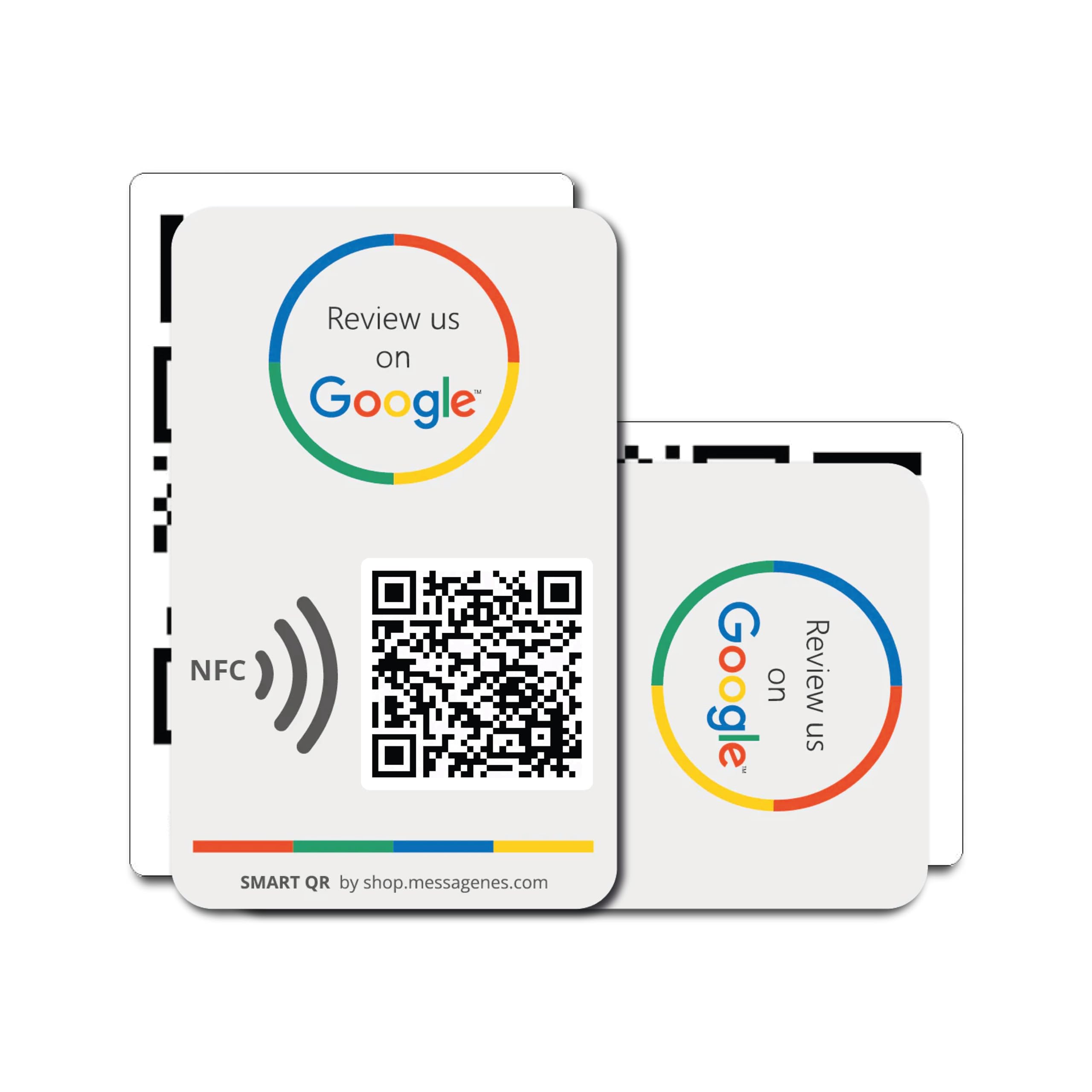 Reusable Review Tap Card for Google Reviews and Menu or Website- 2-Cards Pack - QR & Tap NFC Review + QR INFO Card - Review Us on Google Tap Card - iPhone & Android - Set Up at Home | by MESSAGENES