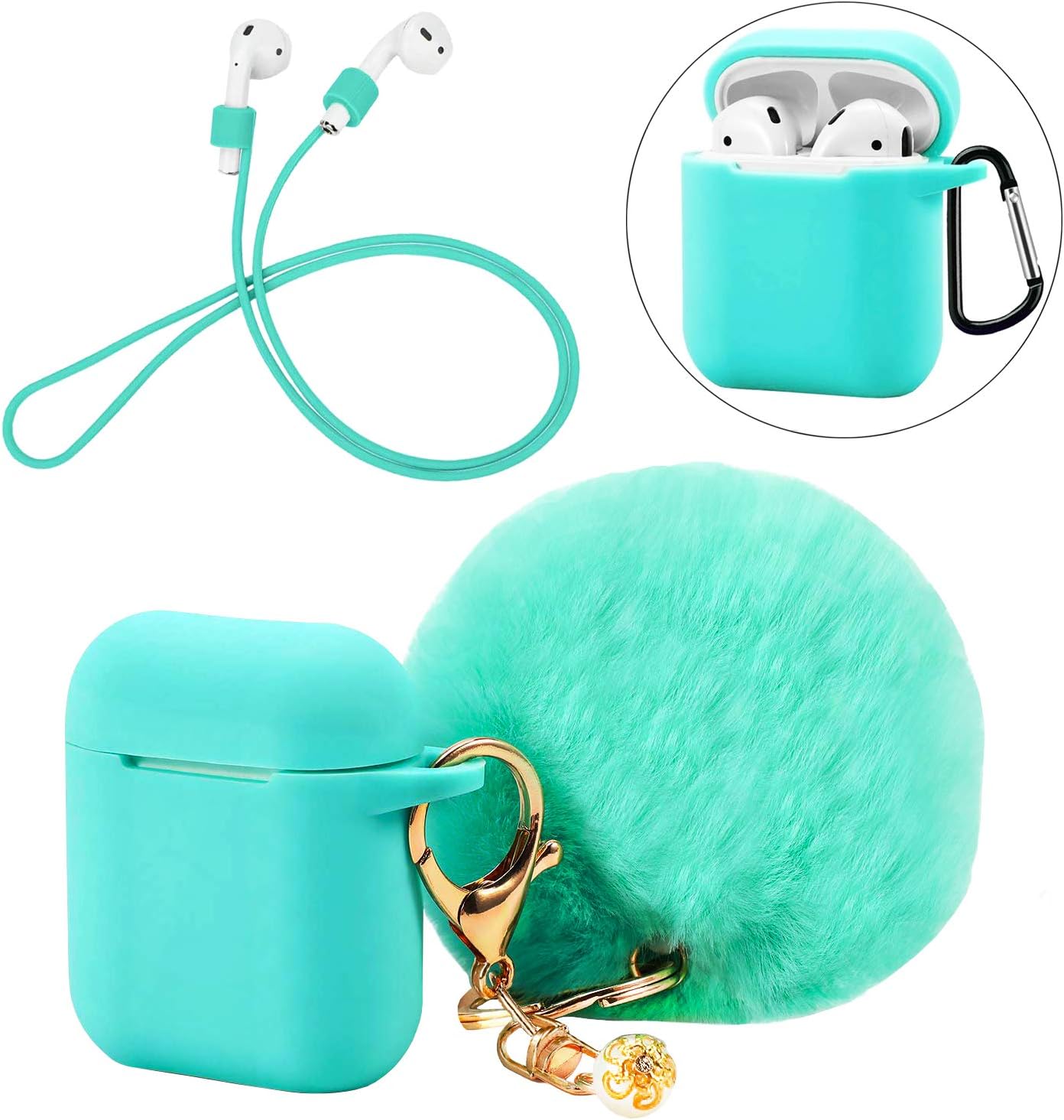 Silicone Hang Case Cover with Locking Carabiner and Fur Ball Keychain Compatible with Airpod Charging Case - Anti-dust Shockproof Silicone Shell Headphone Accessories (Turquoise)