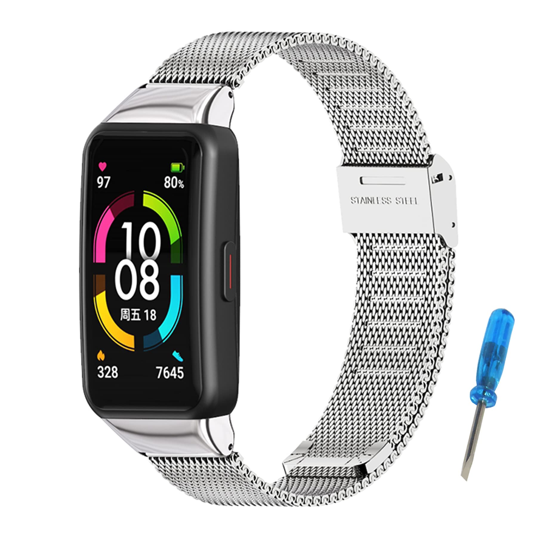 SenMore Stainless Steel Milanese Mesh Watch Band for Huawei Band 6 & Honor Band 6 (Silver, 16mm)
