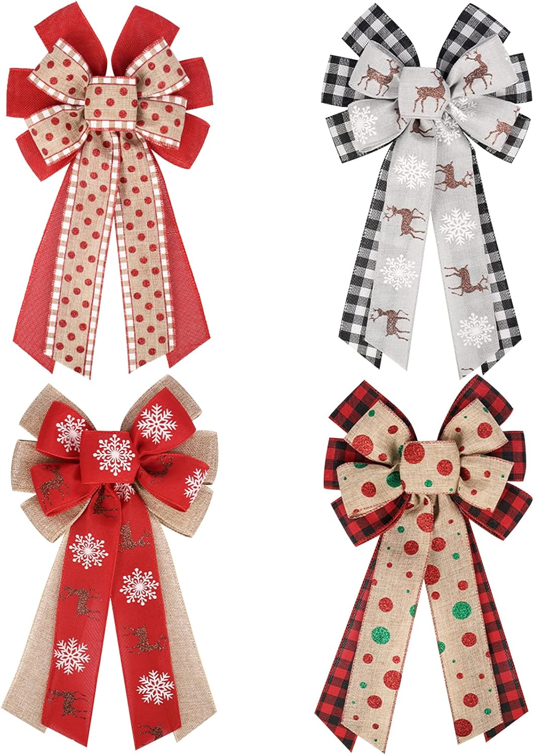 Bows & Ribbons - Lucleag 4PCS Christmas Wreath Bow, 7.9 x 13.0 Inches Large Buffalo Plaid Snowflake Deer Linen Christmas Bow for Xmas Decor, Wreath Bow for Indoor Outdoor Wall Tree Christmas Decorations Gift Decor
