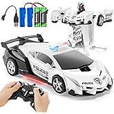 2.4G Remote Control Transformer Car, Rechargeable RC Police Car Toy with Flashing Lights, Convertible Robot & Vehicle, Gift for Kids,Police Transformer Cars for Boys 4-6 7 8-12 (Black/White)