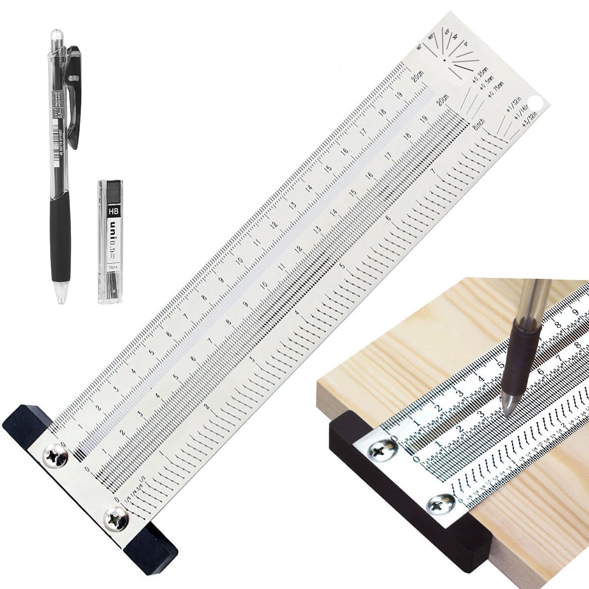 Xemnys T Square Scribing Ruler Ultra Precision Stainless Steel Woodworking Marking Ruler with Holes，Carpenters Square Scribing Positioning Draft Measuring Tools for Carpenter Engineer,200mm