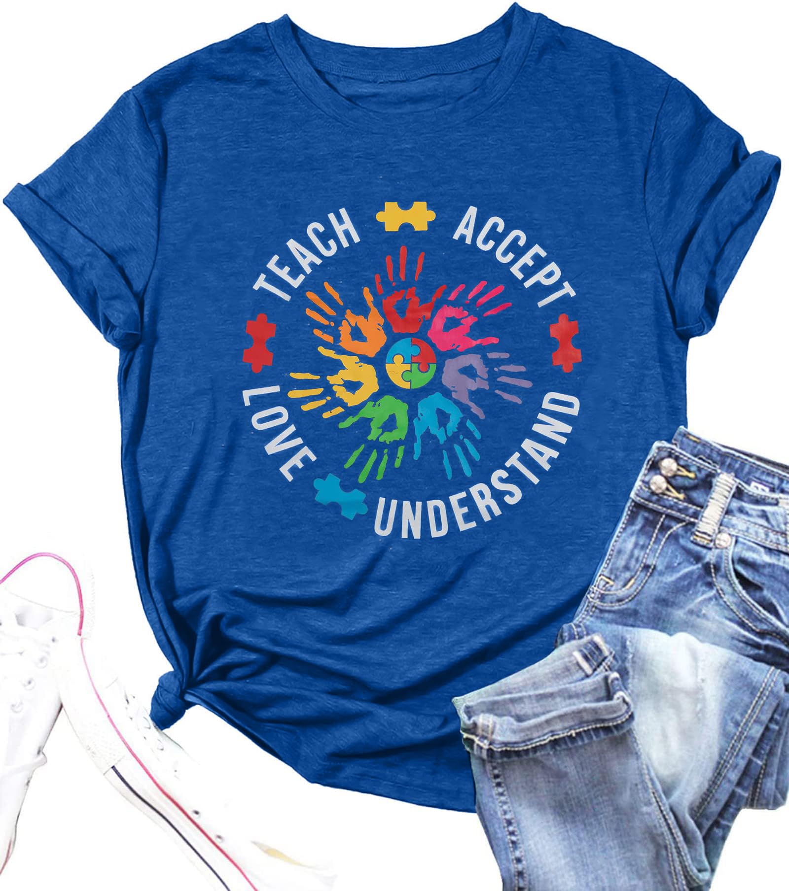 Photo 1 of *medium* Autism Teacher Shirts for Women Autism Awareness T Shirt Special Education Teacher Short Sleeve Shirt Autism Support Tees Top Blue-a