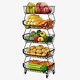 RANXFLOAT Fruit Vegetable Storage Basket, Kitchen Fruit Vegetable Storage Cart, 5 Tier Stackable Metal Wire Storage Baskets with Wheels, Produce Basket Organizer Bins for Pantry, Bathroom, Black