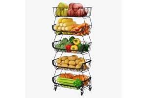 RANXFLOAT Fruit Vegetable Storage Basket, Kitchen Fruit Vegetable Storage Cart, 5 Tier Stackable Metal Wire Storage Baskets with Wheels, Produce Basket Organizer Bins for Pantry, Bathroom, Black