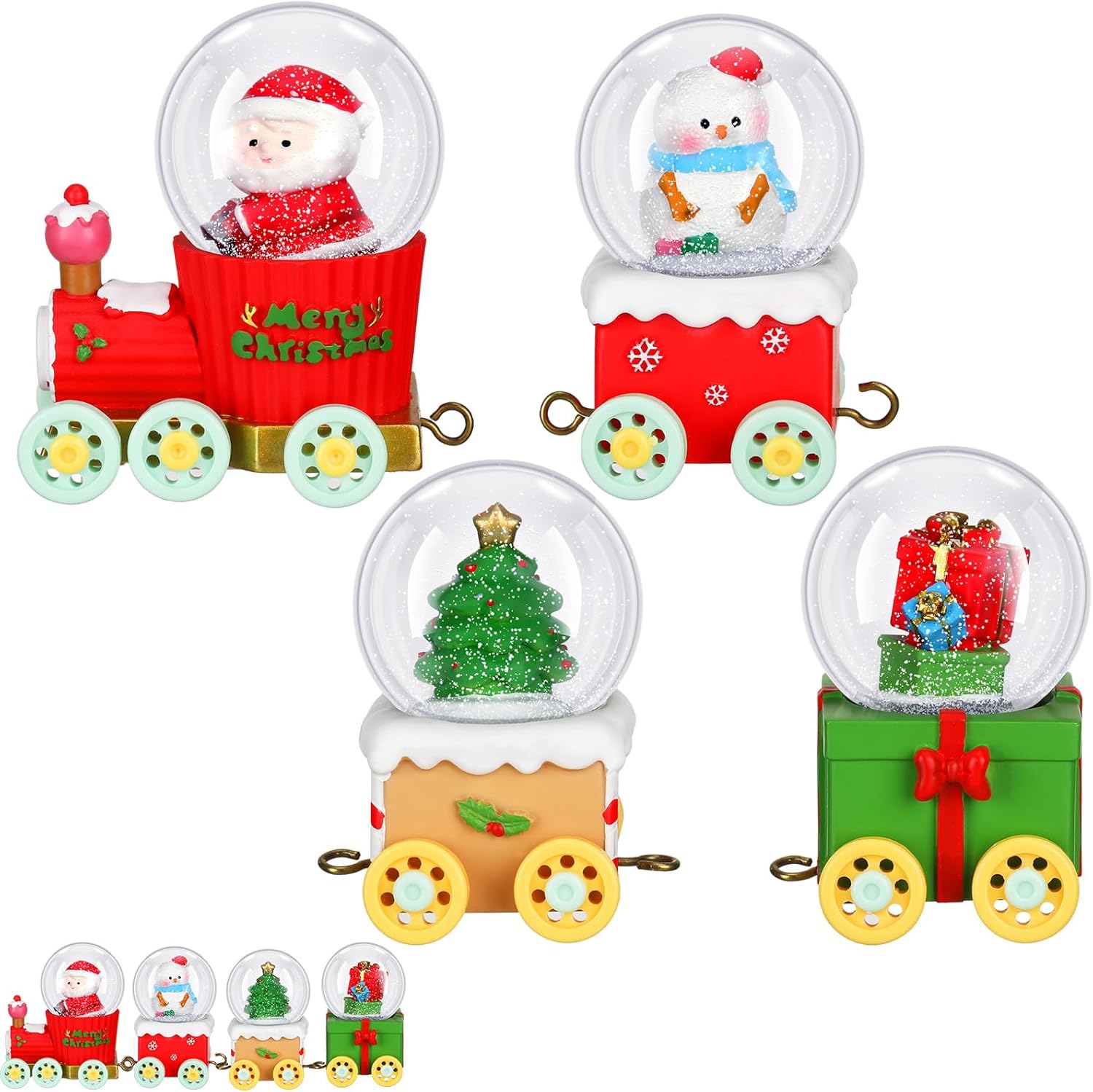 Snow Globes - Zhehao 4 Pcs Christmas Snow Globes Christmas Train Snow Globe Decoration Snowman Santa Claus Christmas Tree Beautiful Christmas Train Pieces Water Globe with LED Lights for Family Kids Table Gifts