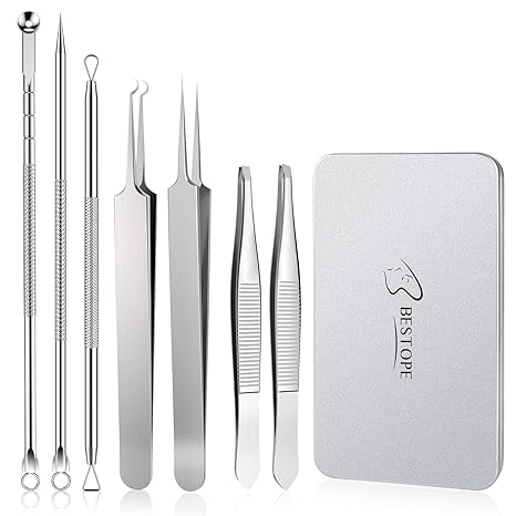 BESTOPE 7 Stücke Mitesserentferner Komedonenquetscher Mitesser Pinzetten set aus Edelstahl Blackhead Remover Werkzeug für Pic