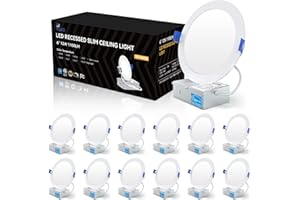 PAZZO 12 Pack 6 Inch LED Recessed Ceiling Light, 5000K Daylight 1100LM High Brightness, Dimmable Canless Wafer Downlight, ETL and Energy Star Certified, 12W, Junction Box Included