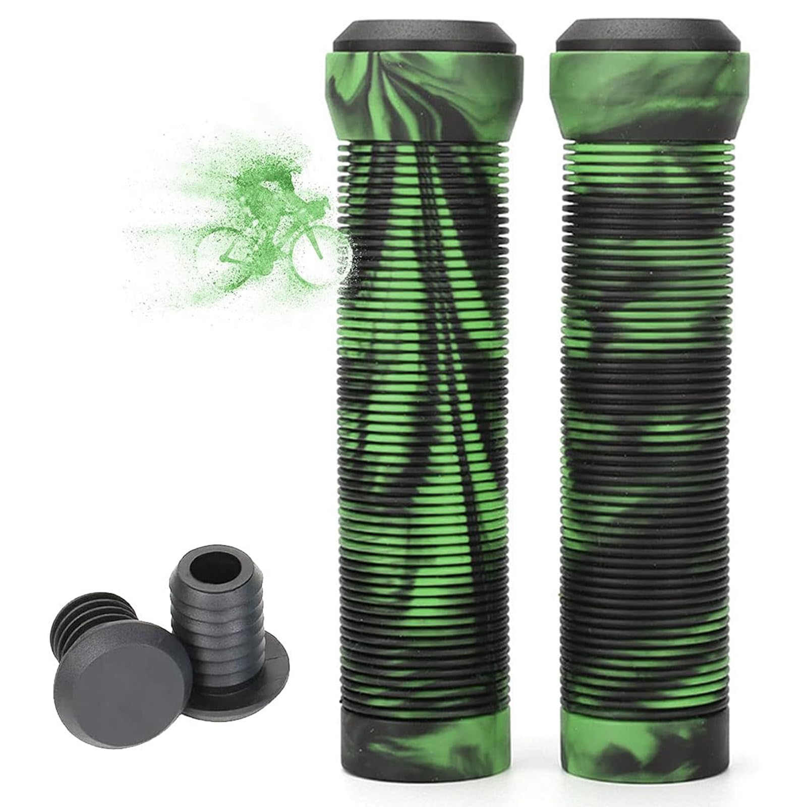 MTB Rubber Bike Grips 2 Pieces Bicycle Handlebar Protector Soft Non-slip Ergonomic with End Caps for Mountain/Road/Mountain Bike (Green)