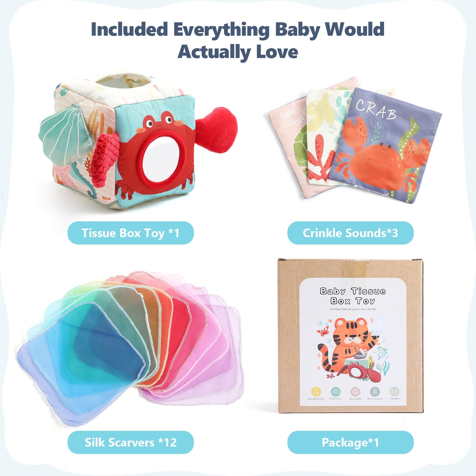 Macabaka Baby Tissue Box Toy, Montessori Sensory Toys for 6-12 Months, 6 Month Old Baby Must Haves, with Crinkle Paper, Silk Scarves, Safety Mirror, Perfect Early Learning Gift