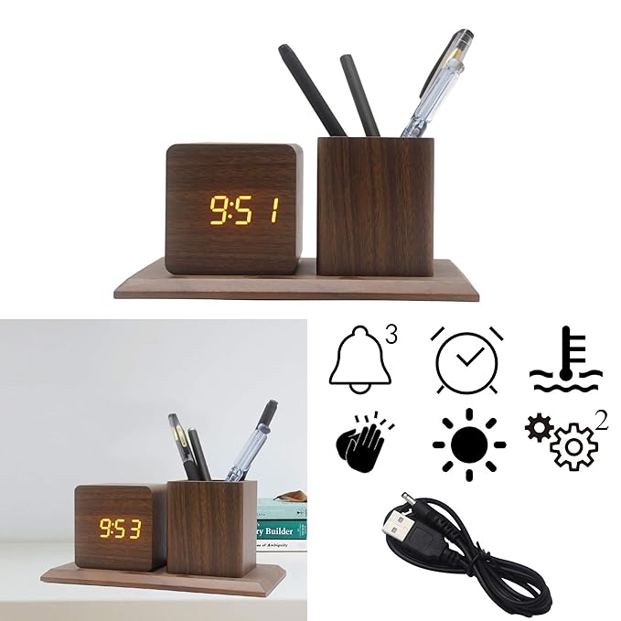 OFLILAK Wooden Digital Alarm Clock with Pen Holder,3 Sets