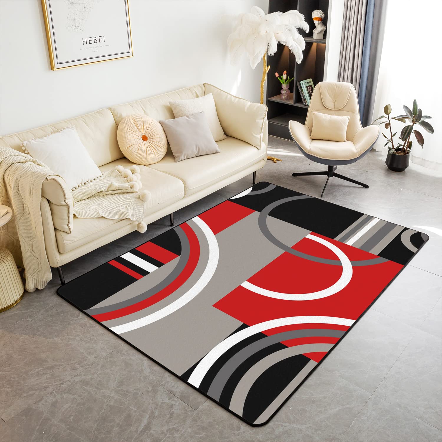 Homemissing Geometric Area Rug 100x150cm Stripe Line Living Room Rugs For Bedroom Home Decor Modern Abstract Art Red White Grey Black Carpet Ultra Soft Non-Slip Indoor Floor Mat