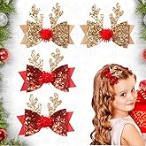 Christmas Hair Clips Glitter Christmas Antler Hairpins Cute Christmas Bow Hair Clips Gold Red Christmas Reindeer Antlers Headband Hairpins Elk Bow Hair Accessories for Women Girls Party Costume 4PCS