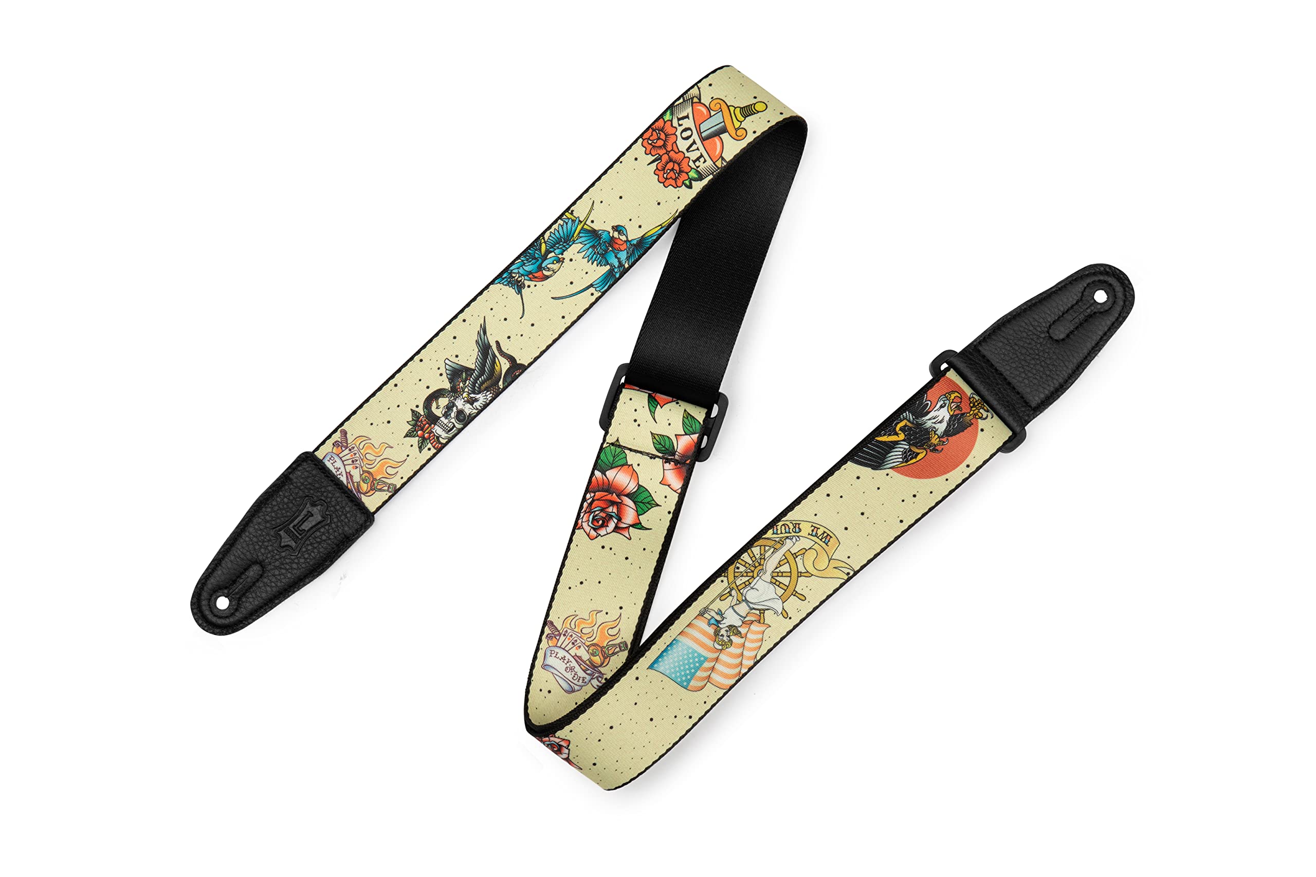 Levy's Leathers Unisex's 2" Poly Guitar Strap Series Black Leather Ends Adjustable from 35” to 60, Old School Tattoo Flash Design, One Size