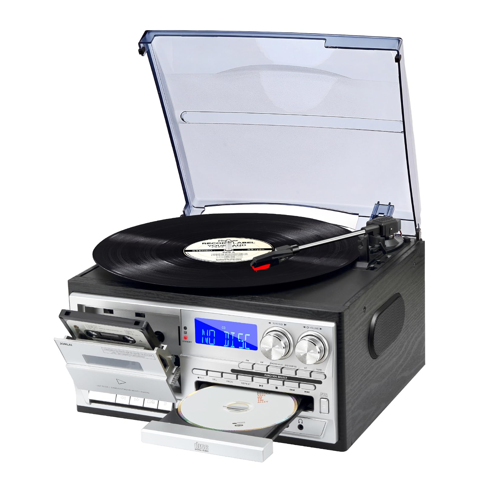 JORLAI Vintage Record Player 3 Geschwindigkeiten Plattenspieler mit Fernbedienung, Vinyl Bluetooth mit eingebauten Lautsprechern CD/Kassette AM/FM Radio USB/SD/MMC 3.5mm Aux-in/RCA-Out, Schwarz