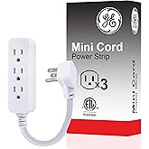 GE Pro Mini 3-Outlet Power Strip, 6 Inch Designer Braided Extension Cord, Grounded, Flat Plug, Warranty, UL Listed, White/Gra