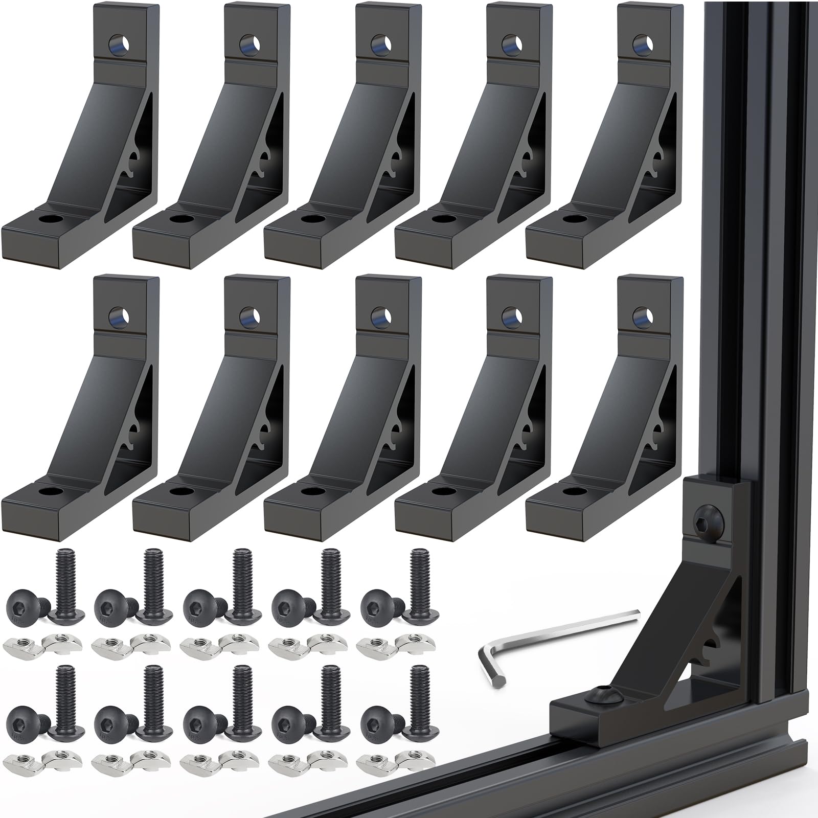 Photo 1 of 10Sets Black Strong Support Corner Brackets,Heavy Duty Corner Brackets for 2020 Series Aluminum Extrusion Profile with Screws and T-Slot Nuts,53×53