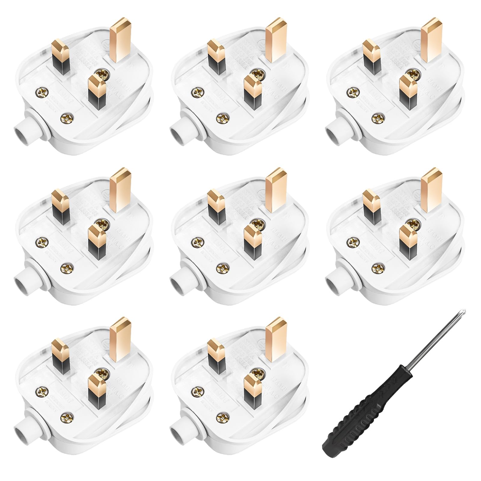 UK Plugs with 13 AMP Fused, 3 pin Mains Plug with Cord Grip Rewireable Heavy Duty Electrical Plug, Rubber Composite Plug, 8 Pack - White