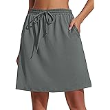 COOrun Women Stretchy Knee Length Skirt Athletic Skort Drawstring Waistband Tennis Skirts with Pockets Grey