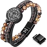 murtoo Mens Bracelet, Leather and Steel, Multi-layer Leather Bracelet for Men with Compass, Gift Idea for Boyfriend Husband Father
