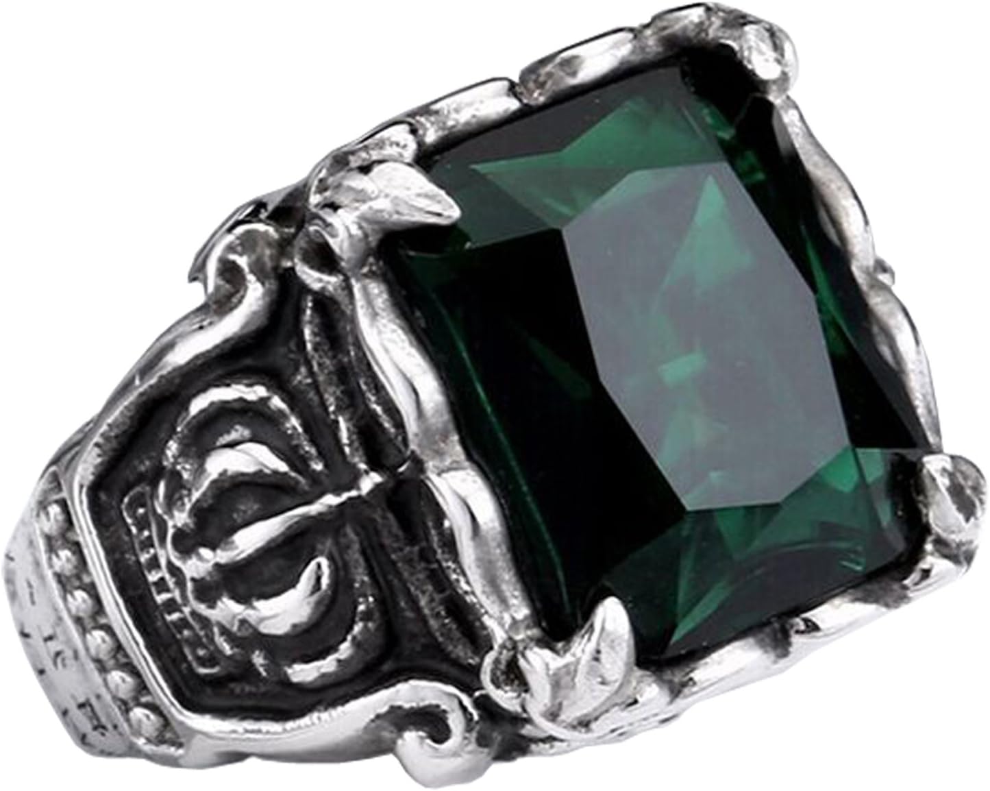 Claire Jin Big Green Zirconia Aristocrat Crown Titanium Stainless Steel Men Ring Emerald Jewelry Vintage Rings