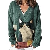 Women's Cute Graphic Printed Oversized Pullover Knit Sweater Casual Loose Fall Winter Vintage V Neck Long Sleeve Top