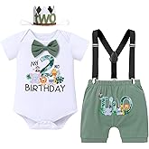 ODASDO Baby Boy Forest Animal Jungle Safari Theme 1st / 2nd Birthday Cake Smash Outfit Romper Suspenders Shorts Set